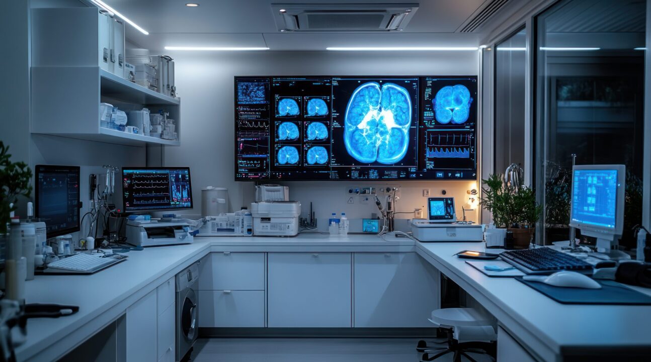 A Modern Medical Office with Brain Scans Displayed on a Large Screen A Modern Medical Office with Brain Scans Displayed on a Large Screen