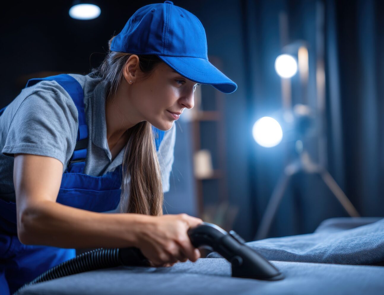 Professional cleaning service provides meticulous fabric care with a vacuum cleaner, ensuring hygiene and freshness in a clean environment, focused on detail and quality. Professional cleaning service provides meticulous fabric care with a vacuum cleaner, ensuring hygiene and freshness in a clean environment, focused on detail and quality.