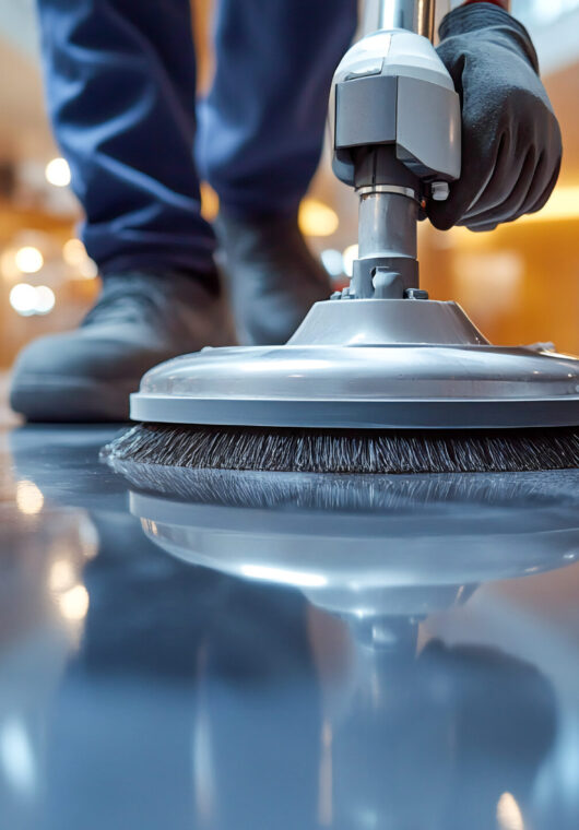 Close-up of janitor cleaning floor with polishing machine indoors Close-up of janitor cleaning floor with polishing machine indoors